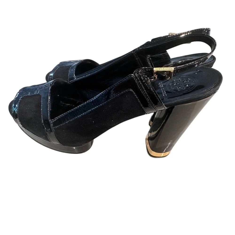 Tory Burch Black Patent Suede Platform Slingback Block Heels Gold‎ Trim Size 11M